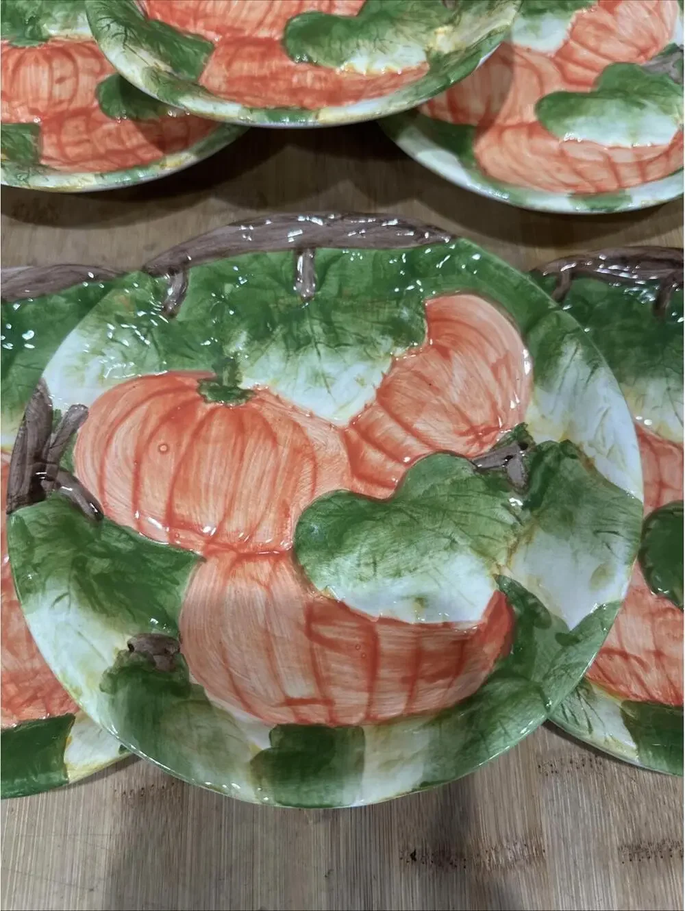 Vintage Set of 6 Lillian Vernon Ceramic Pumpkin Fall Autumn Snack Plates 7.5” *